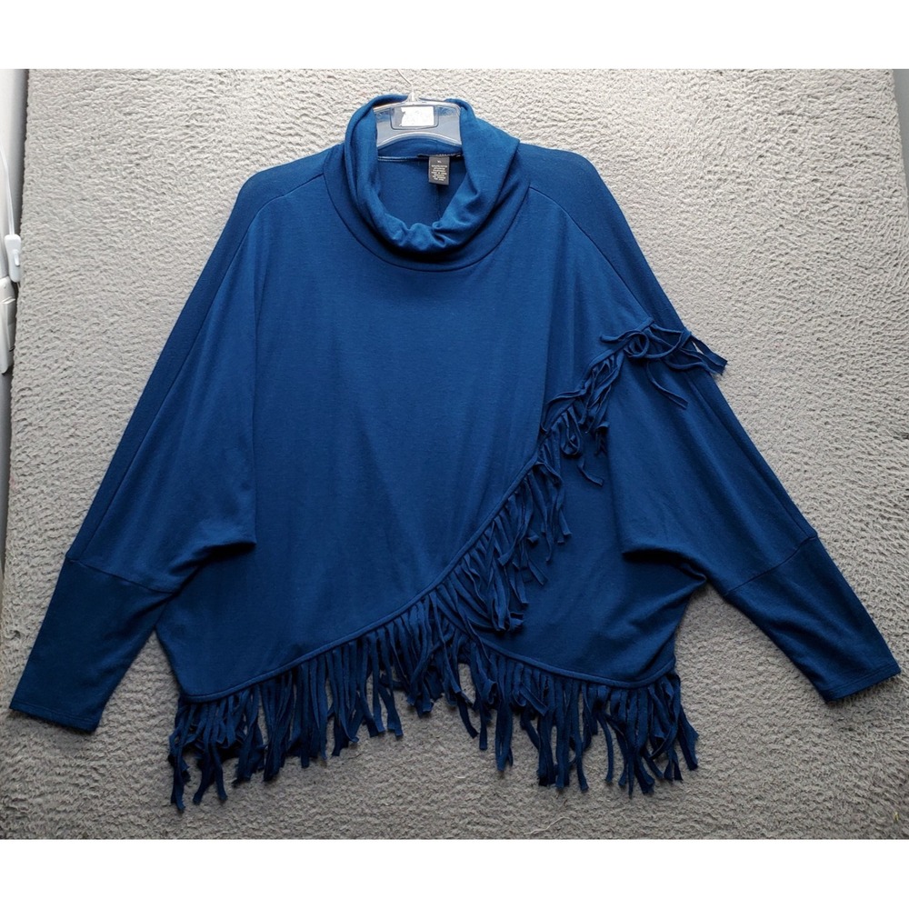 Grace Elements Sweater Womens XL Blue Asymmetric Fringe Hem Oversized Cowl-Neck